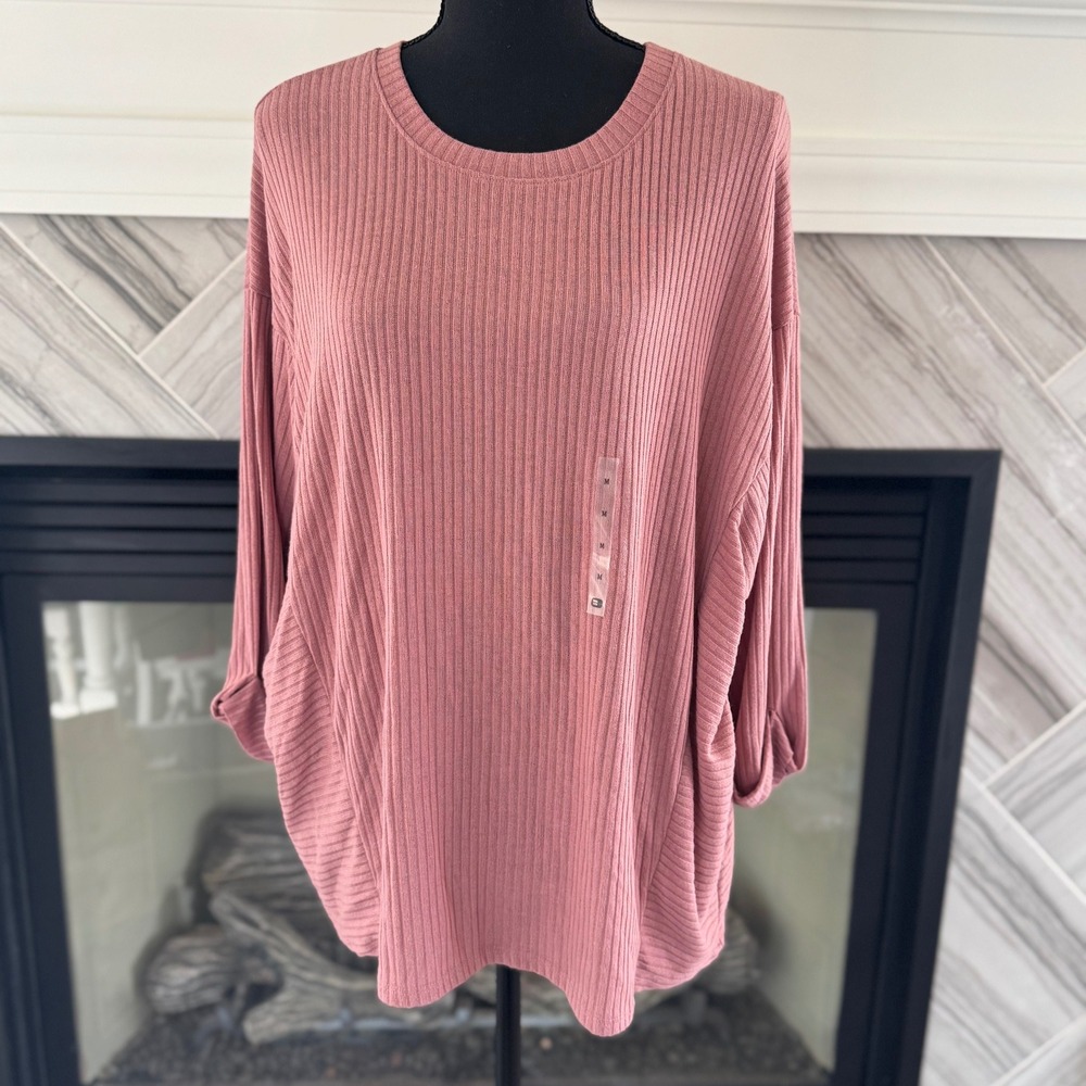 Daytrip Ribbed Knit Top Dolman Rolled Sleeve Casual Blouse‎ Withered Rose M